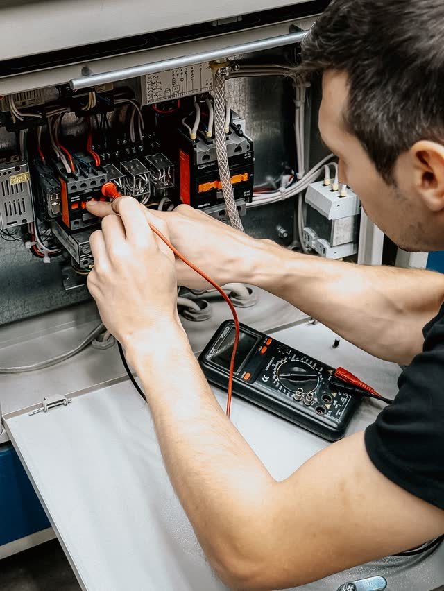 Un électricien contrôle un tableau électrique au multimètre